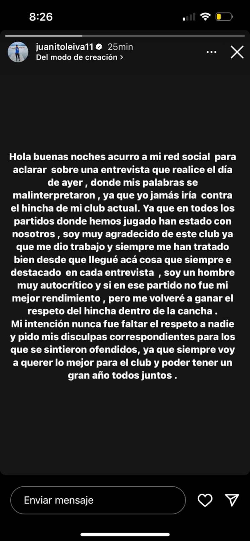 La declaración de Juan Leiva sobre sus dichos tras la derrota ante Audax Italiano.