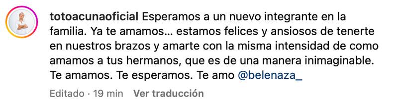 Toto Acuña anunció embarazo de Belén Mora.