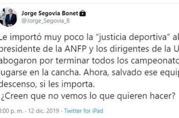 Jorge Segovia: "Unión Española no se prestará a participar en ese simulacro de partido que quieren armar"