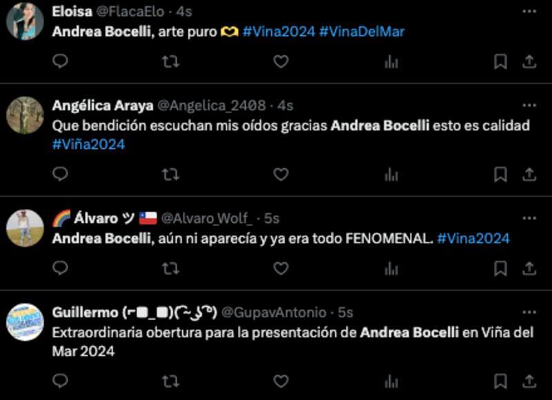 Algunas reacciones del show de Andrea Bocelli en el Festival de Viña 2024.