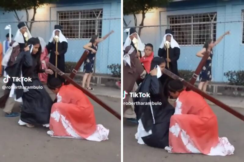 Joven golpea a una mujer con una cruz.