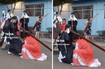 VIDEO| Joven que representaba a Jesús golpea a mujer con su cruz y se hace viral