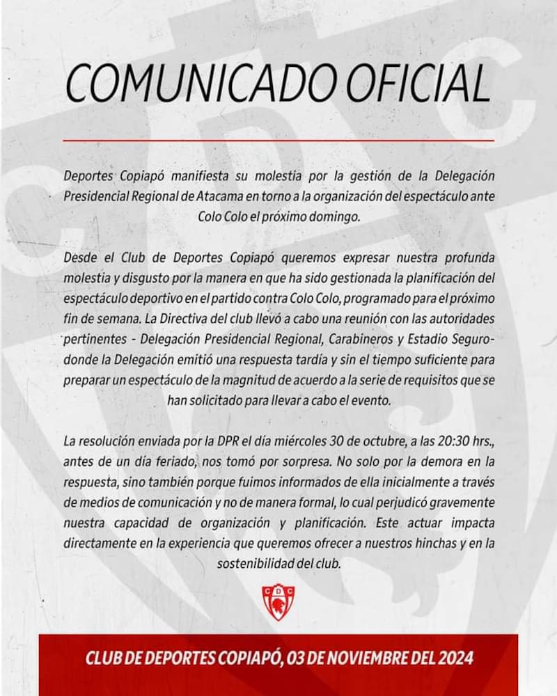 El comunicado de Deportes Copiapó respecto al partido contra Colo Colo