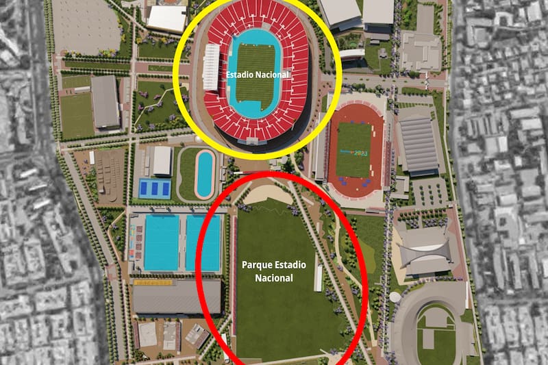 En el círculo amarillo, el coliseo del Estadio Nacional (recinto original). En el círculo rojo, el Parque del Estadio Nacional (nuevo recinto).