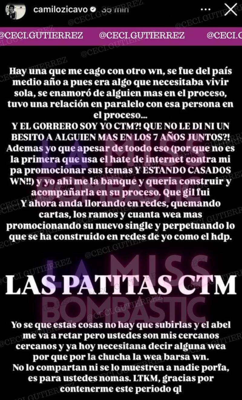 Los descargos de Camilo Zicavo. Créditos: Instagram