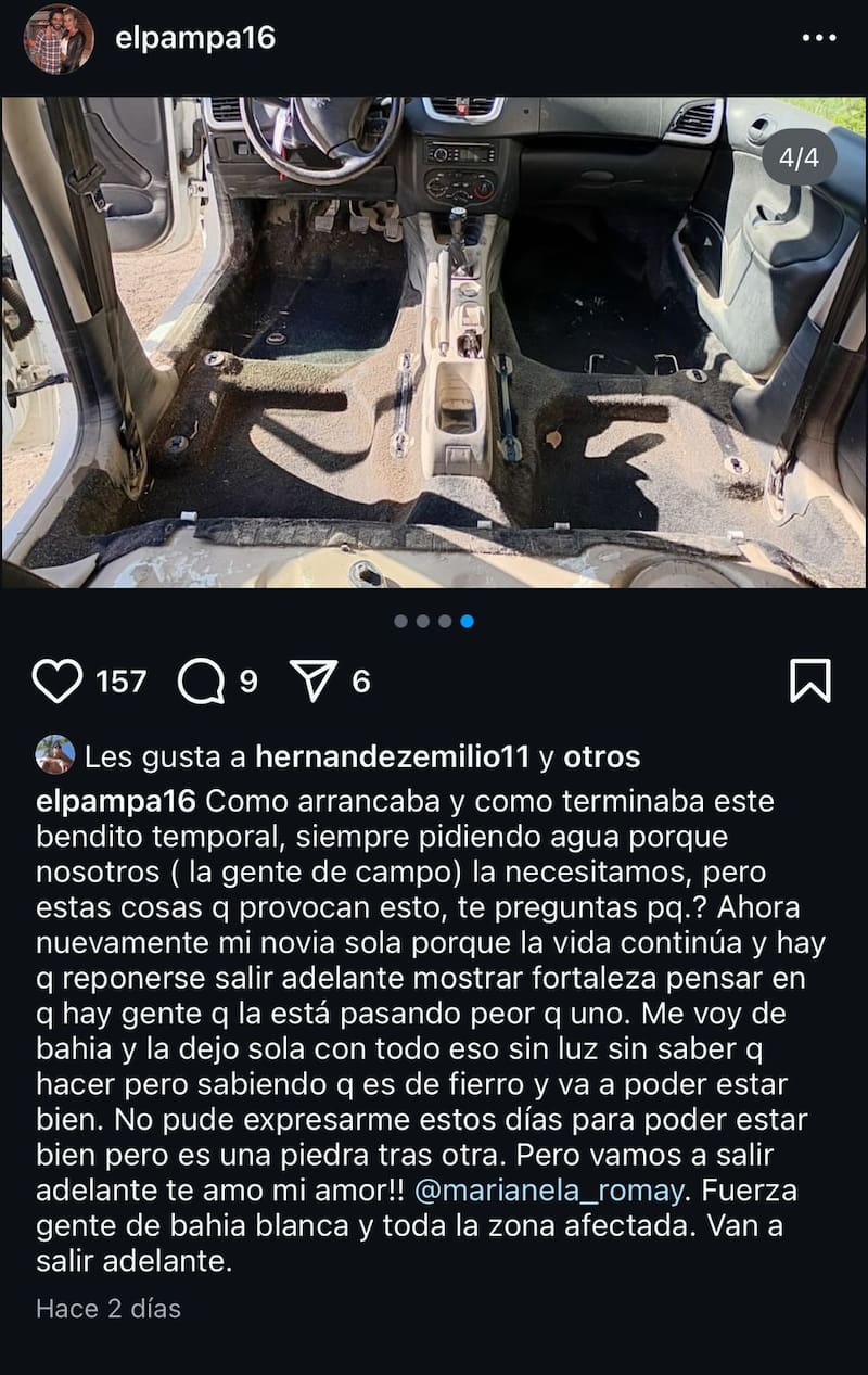 El ex Colo Colo escribió en su cuenta de Instagram tras el temporal que afectó a Bahía Blanca, Argentina.