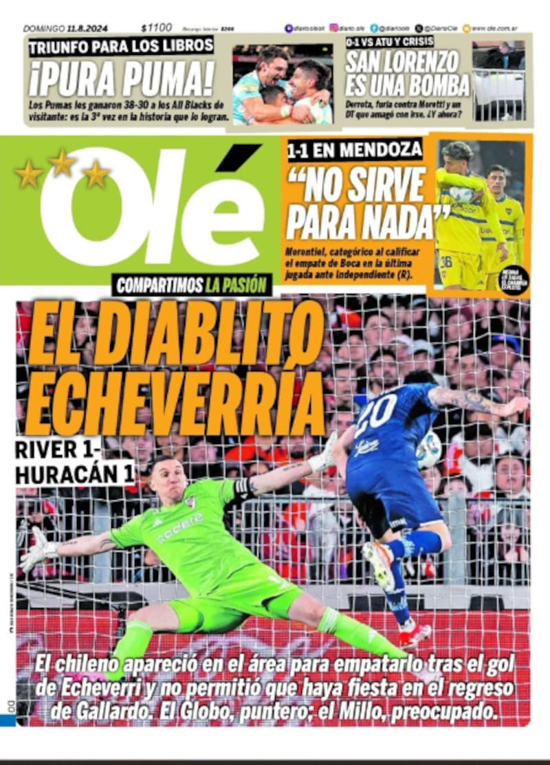 La portada de Olé de este domingo, con Rodrigo Echeverría como protagonista.