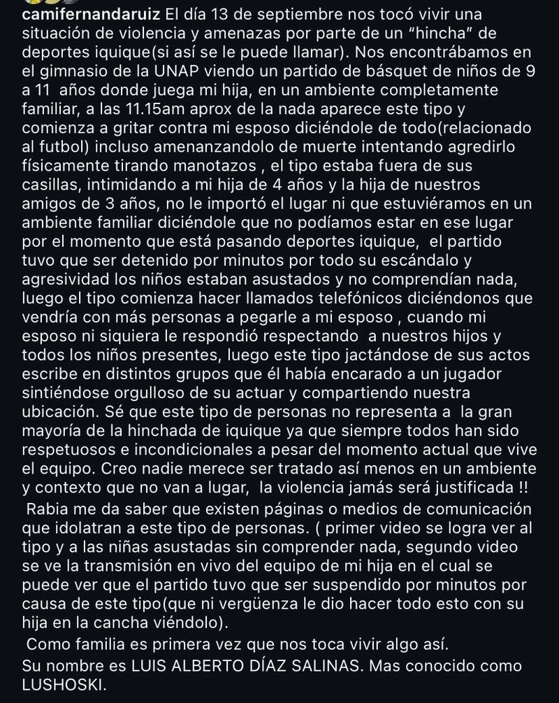 El defensor denuncia a hincha de Deportes Iquique.