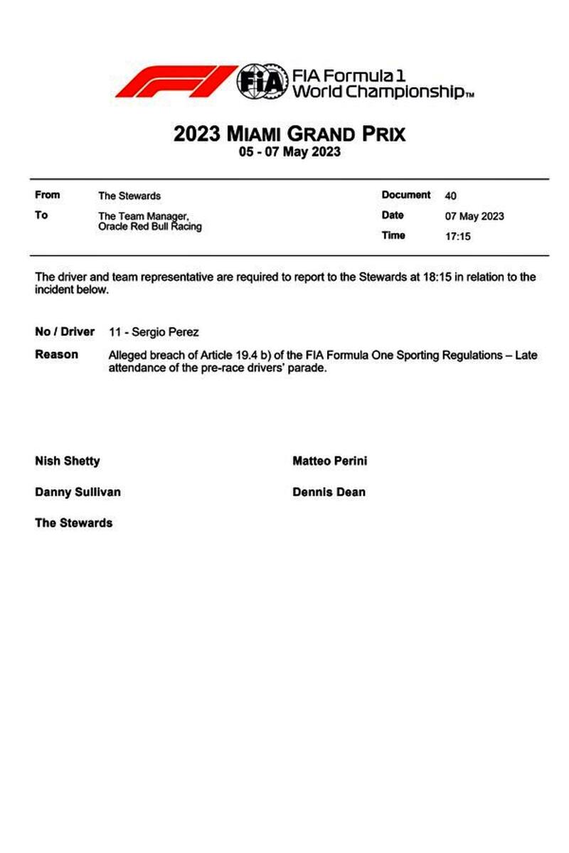 La FIA citó a Checo Pérez por un retraso en la previa del GP de Miami