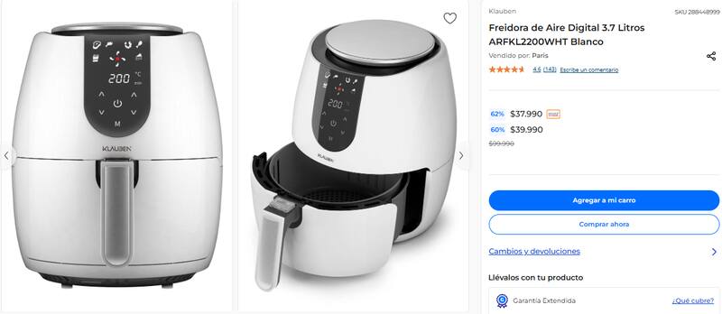 Paris tiene esta freidora de aire con un 62% de descuento.