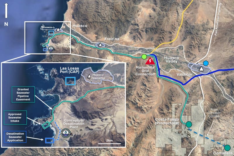 Ubicación de los activos hídricos existentes de Hot Chili en relación con nuevos clientes potenciales en el Valle del Huasco.