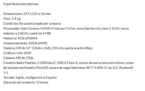 Estas son sus especificaciones técnicas.