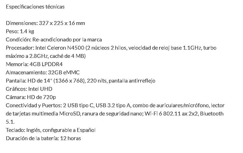 Estas son sus especificaciones técnicas.