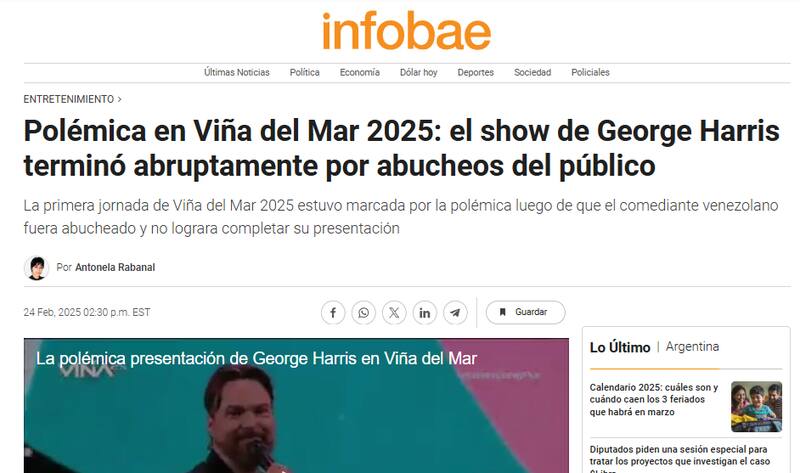 El medio argentino se refirió al fracaso del humorista venezolano. Créditos Captura: Infobae.