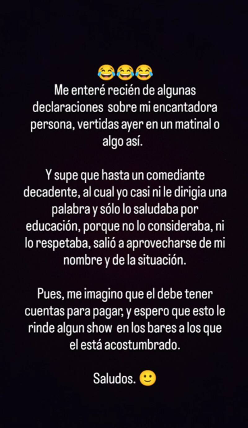 Este es el mensaje de Lola Melnyck que publicó en sus historias de Instagram