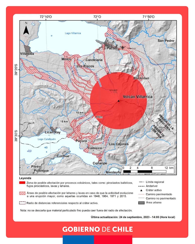 Las zonas que podrían ser amenazadas ante erupción del Volcán Villarrica.