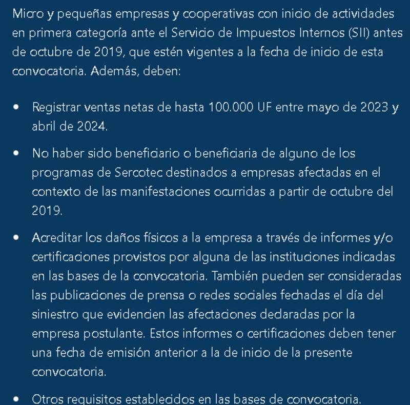 Requisitos para postular a Reconstruye tu Pyme, de Sercotec.