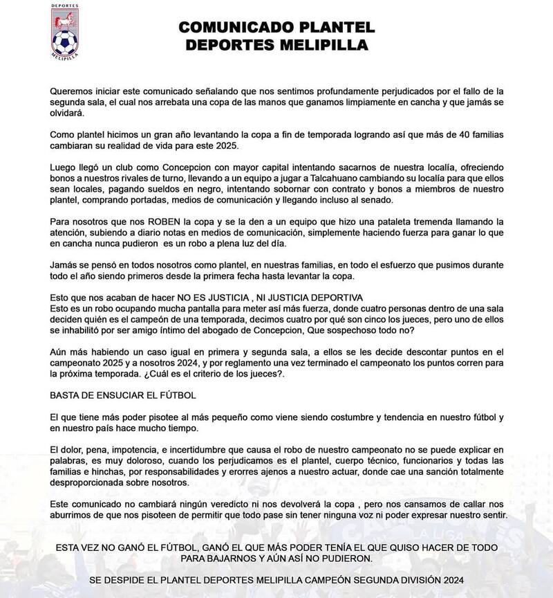 Comunicado plantel Deportes Melipilla.