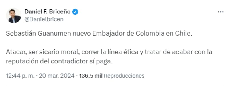 Daniel Briceño, concejal de Bogotá criticando la elección de Sebastián Guanumen como embajador.