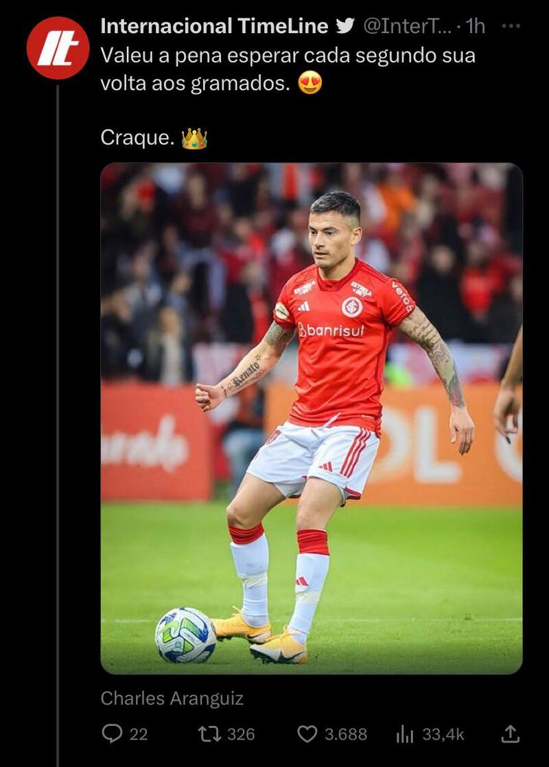 Elogios de los hinchas del Inter de Porto Alegre al ex Universidad de Chile, Charles Aránguiz.