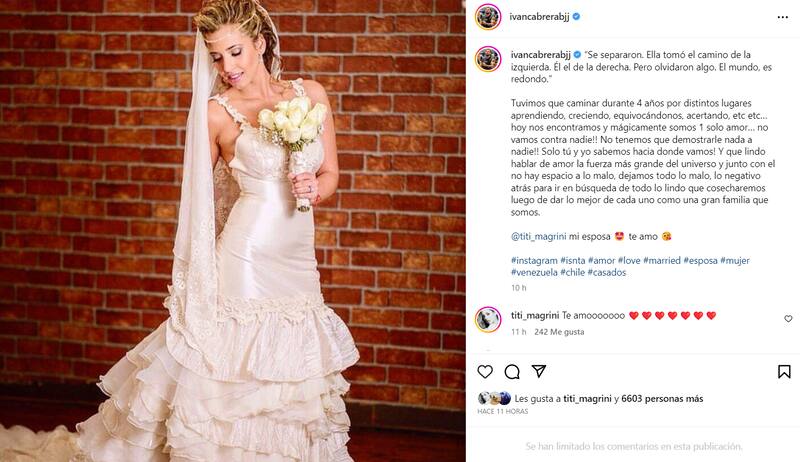 Iván Cabrera comparte foto de Tiffany Magrini vestida de novia.