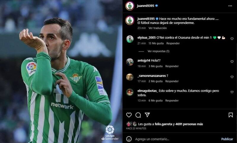 El delantero español criticó la falta de minutos que tuvo en Betis ante Espanyol.