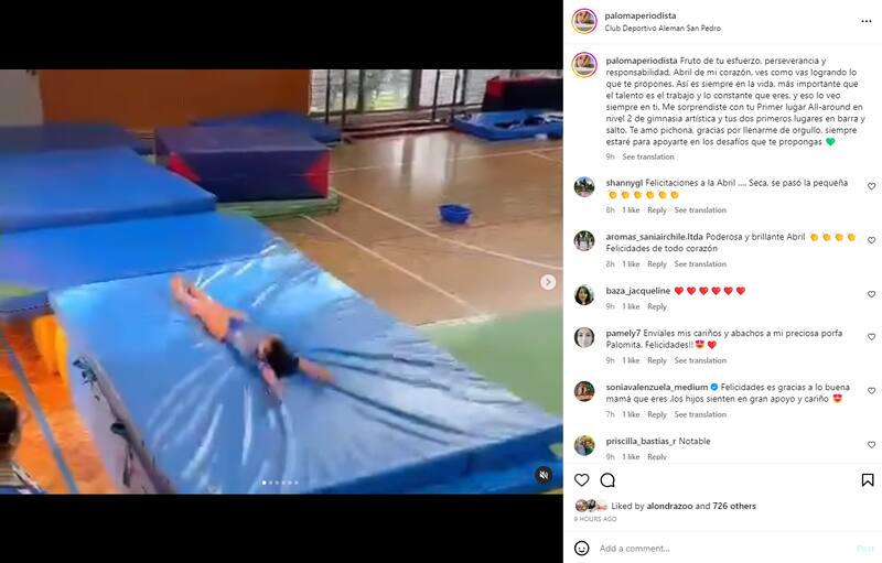 Paloma Aliaga celebra importante hito de su hija Abril en gimnasia artística.