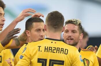 Tras 11 toques, Thorgan Hazard anotó el primer tanto de Bélgica ante Rusia