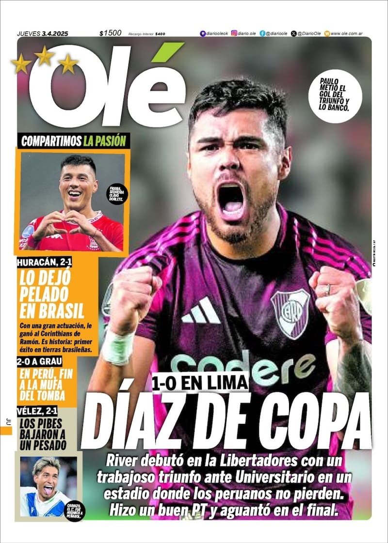 Diario Olé le dedica su portada al Bombero tras anotar el gol del triunfo de River Plate en Copa Libertadores. Foto: Diario Olé.