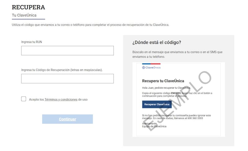 Deberás revisar tu correo electrónico para conseguir el código para reestablecer tu Clave Única.