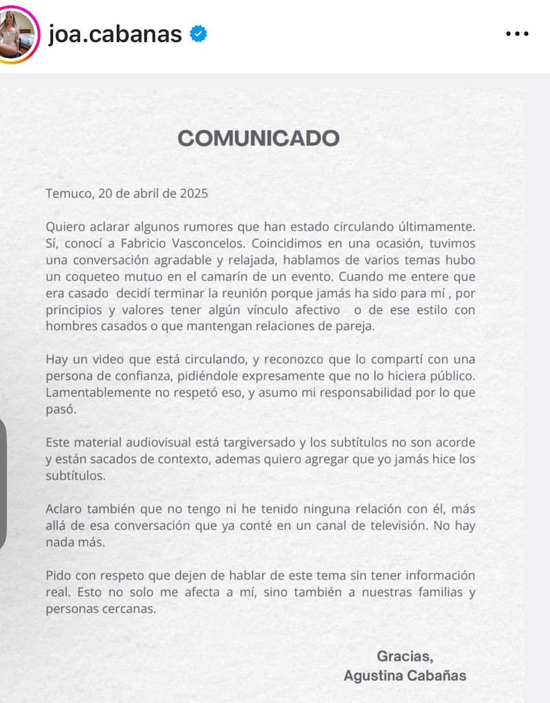 Este fue el mensaje que subió la entrevistada en sus redes sociales.