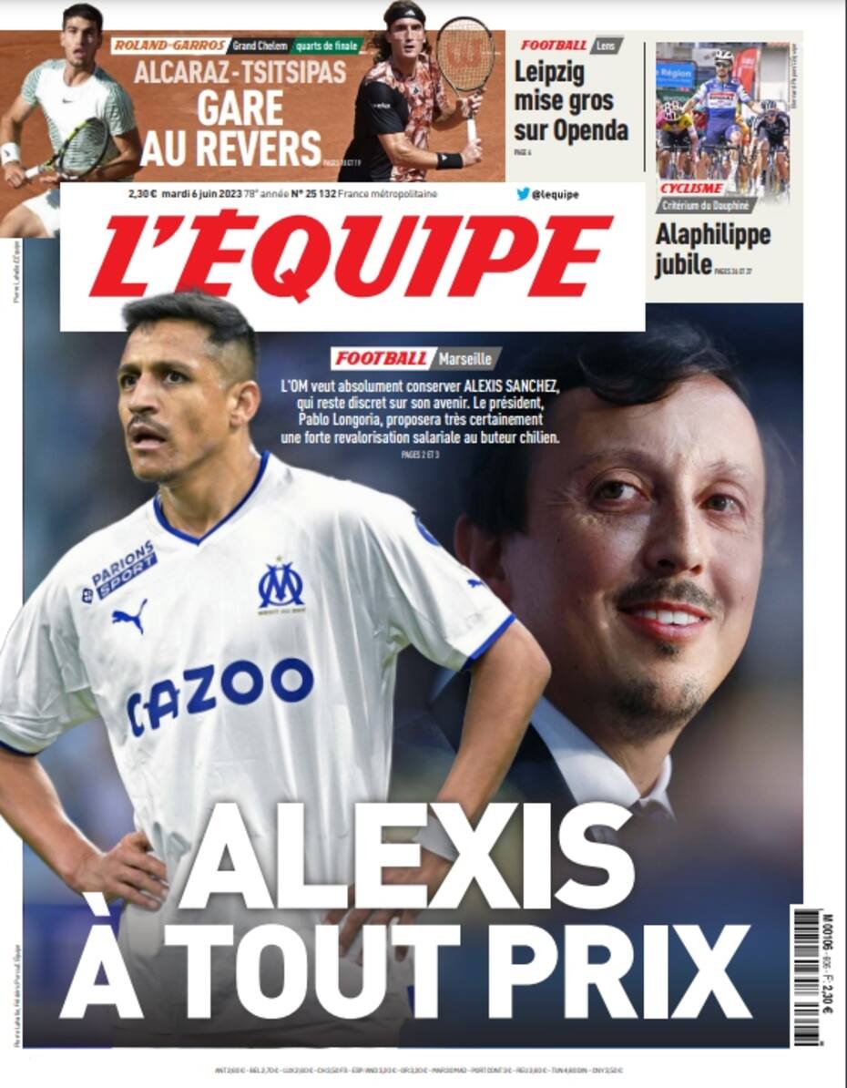 Alexis Sánchez portada en L'Equipe: Olympique de Marsella lo quiere a todo precio. Sin embargo, el chileno enfrió las negociaciones.