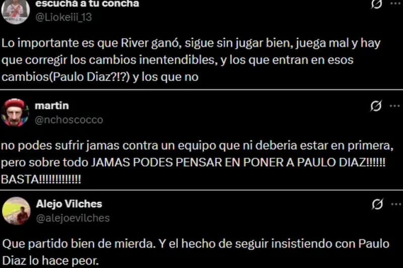 Los hinchas de River Plate tajantes contra el chileno y su DT. Foto: Capturas en X.