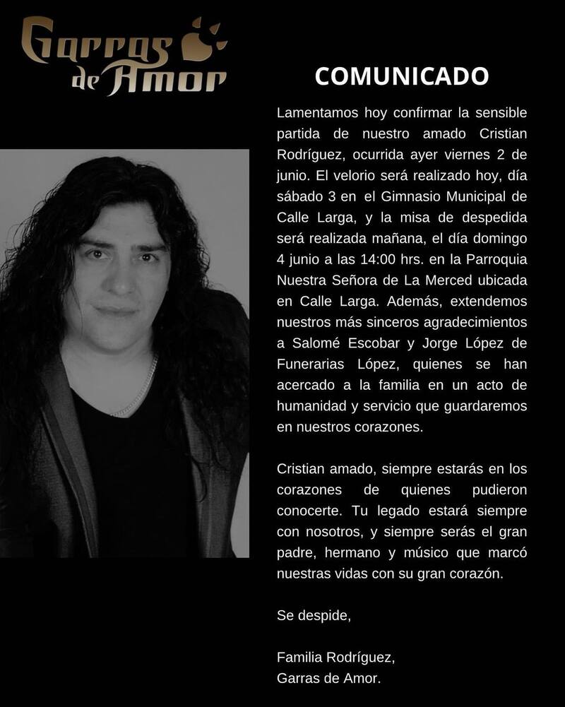 Mensaje de despedida de Garras de Amor tras muerte de Cristián Rodríguez.