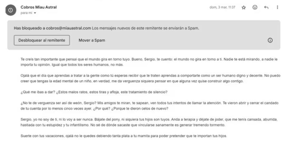 Este es uno de los numerosos correos que envió Miau Astral al demandante.