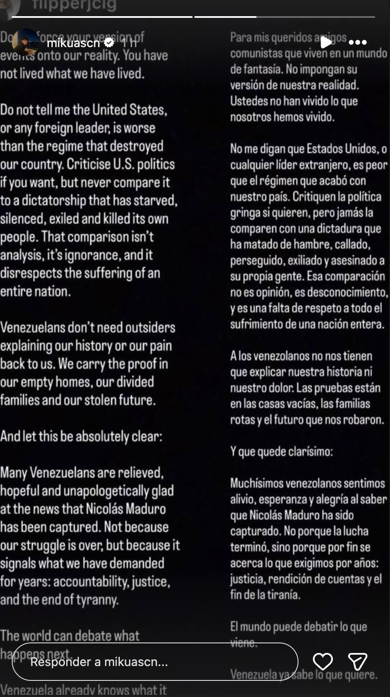 La venezolana compartió su opinión mediante una historia de Instagram.