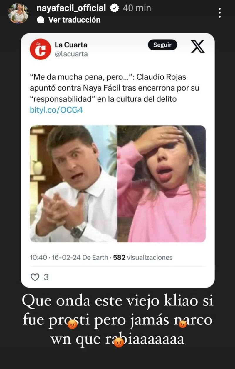 Naya Fácil le respondió a Claudio Rojas. Créditos: Instagram