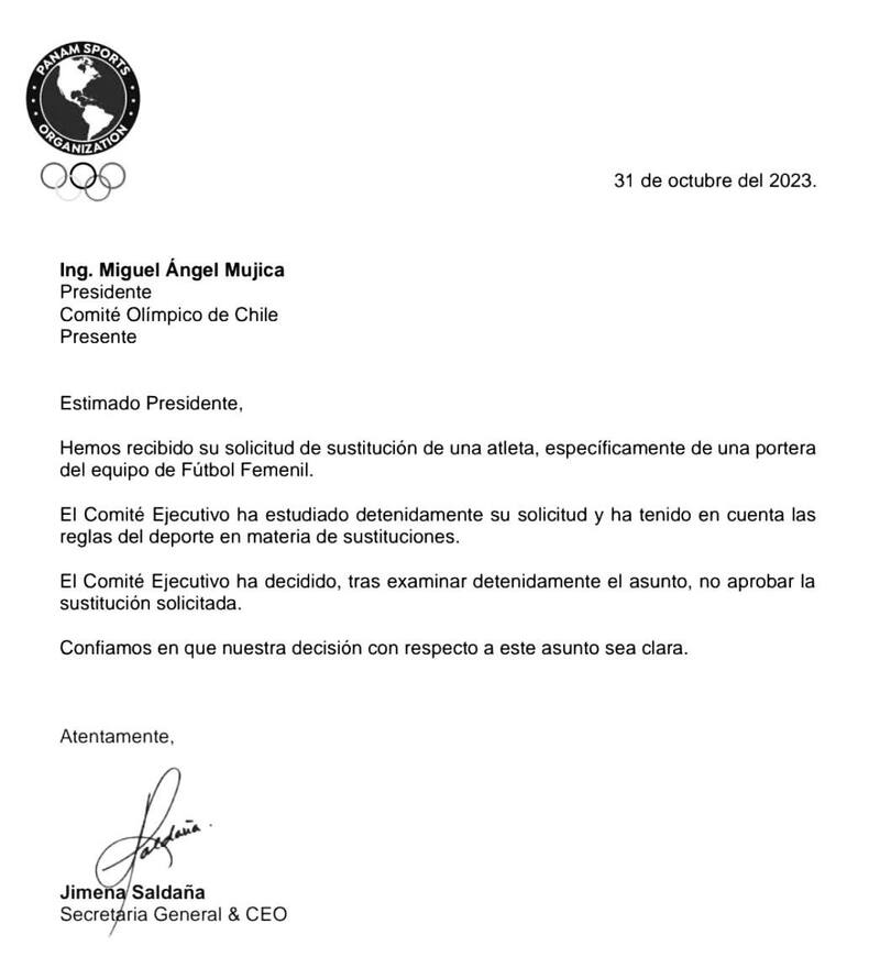 Carta de rechazo a la solicitud de La Roja en Santiago 2023.