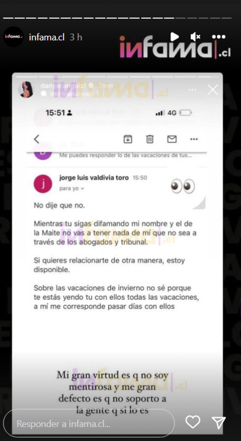 A través de sus redes sociales, Daniela Aránguiz compartió pantallazos de conversaciones con Jorge Valdivia, su ex pareja, y Maite Orsini, entregando más detalles de su versión de los hechos sobre la manutención los hijos que tienen en común.