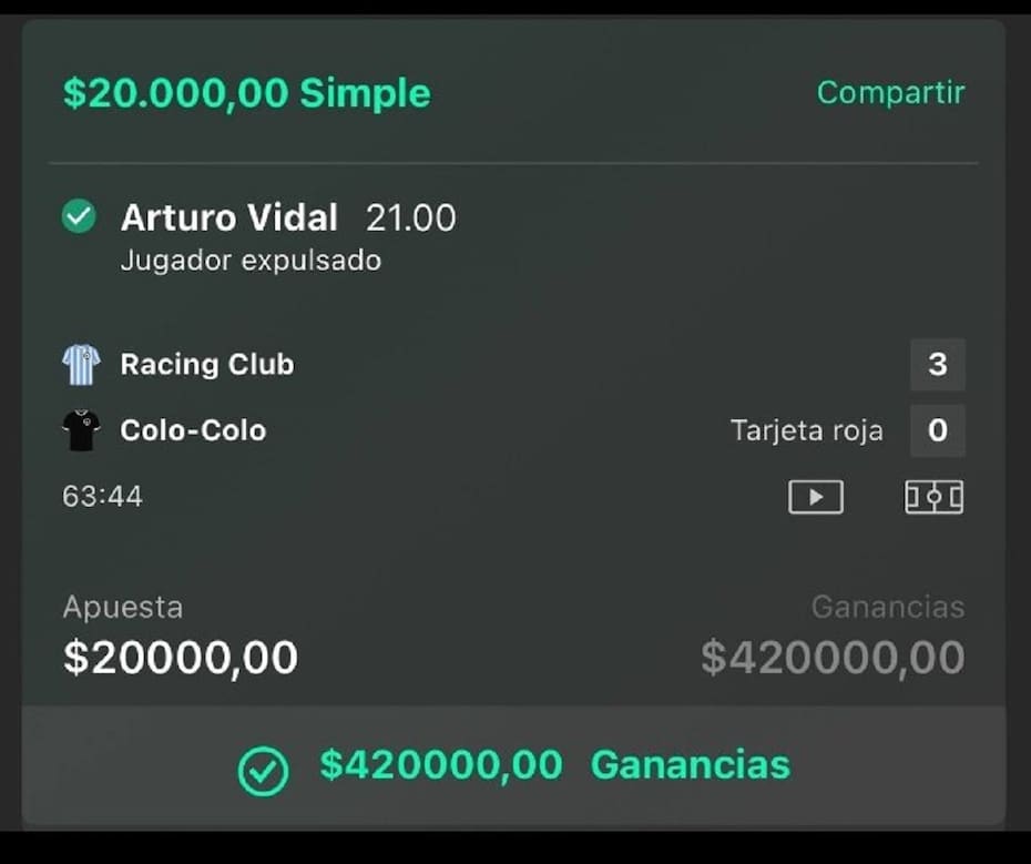 La expulsión de Arturo Vidal pagaba 21 veces lo apostado al momento de producirse.