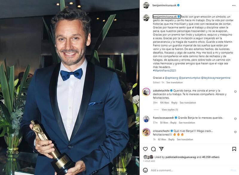 Benjamín Vicuña publica emotivo mensaje tras ganar premio Martín Fierro.