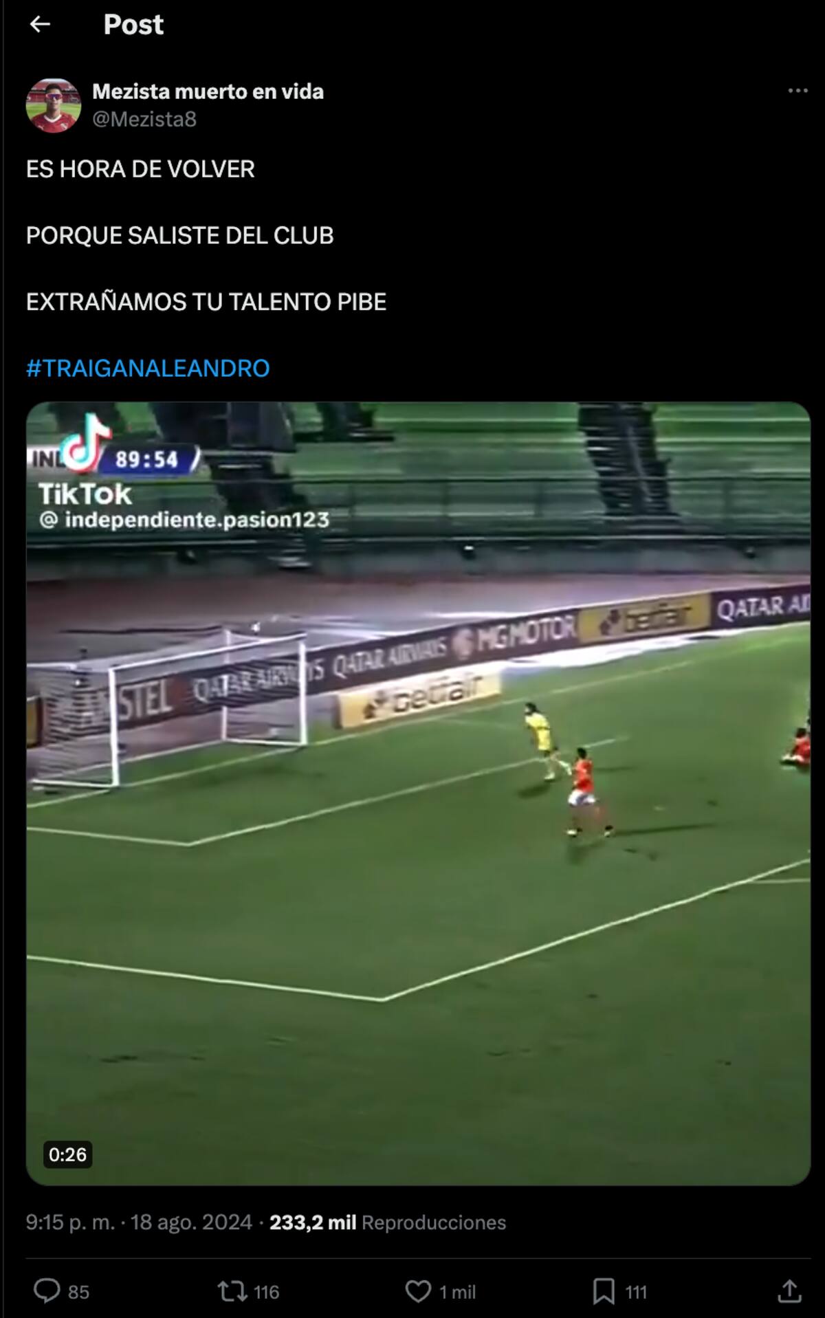 La campaña de hinchas de Independiente para conseguir el retorno de Leandro Fernández.