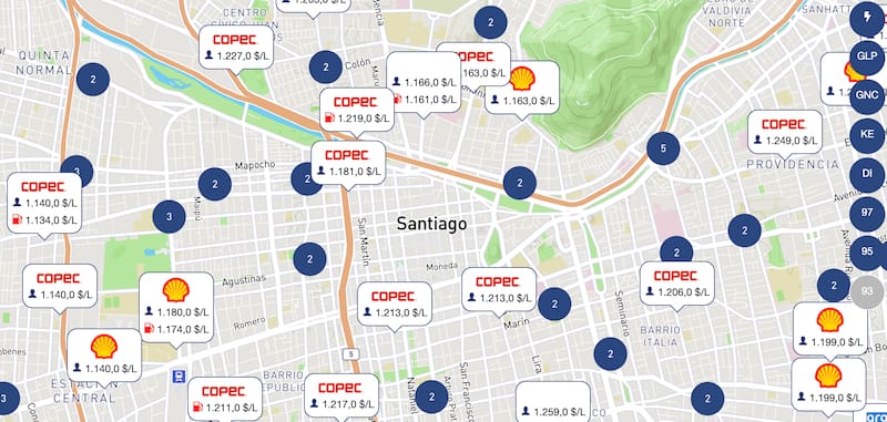 Sitio web permite cotizar el precio de las bencinas en diferentes estaciones del país. Foto: Captura www.bencinaenlinea.cl