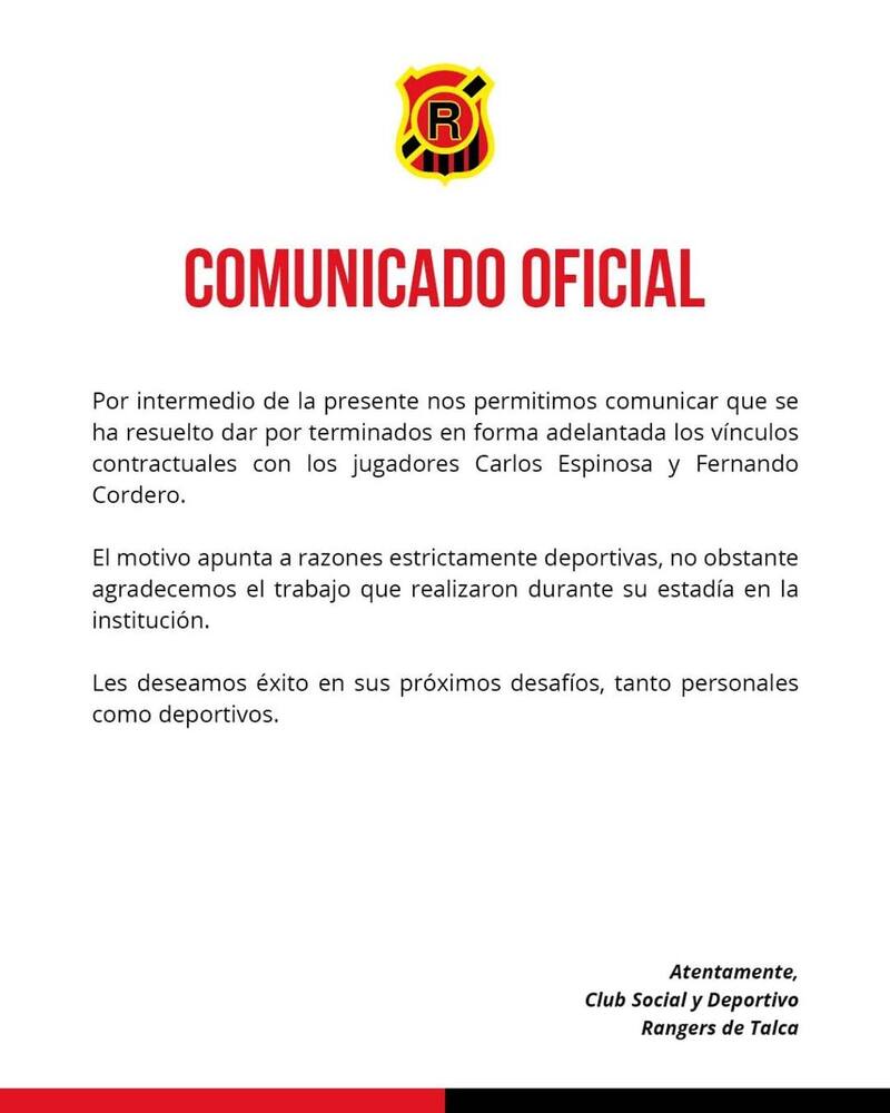El comunicado de Rangers en que se anuncia la partida de Fernando Cordero y Carlos Espinosa.