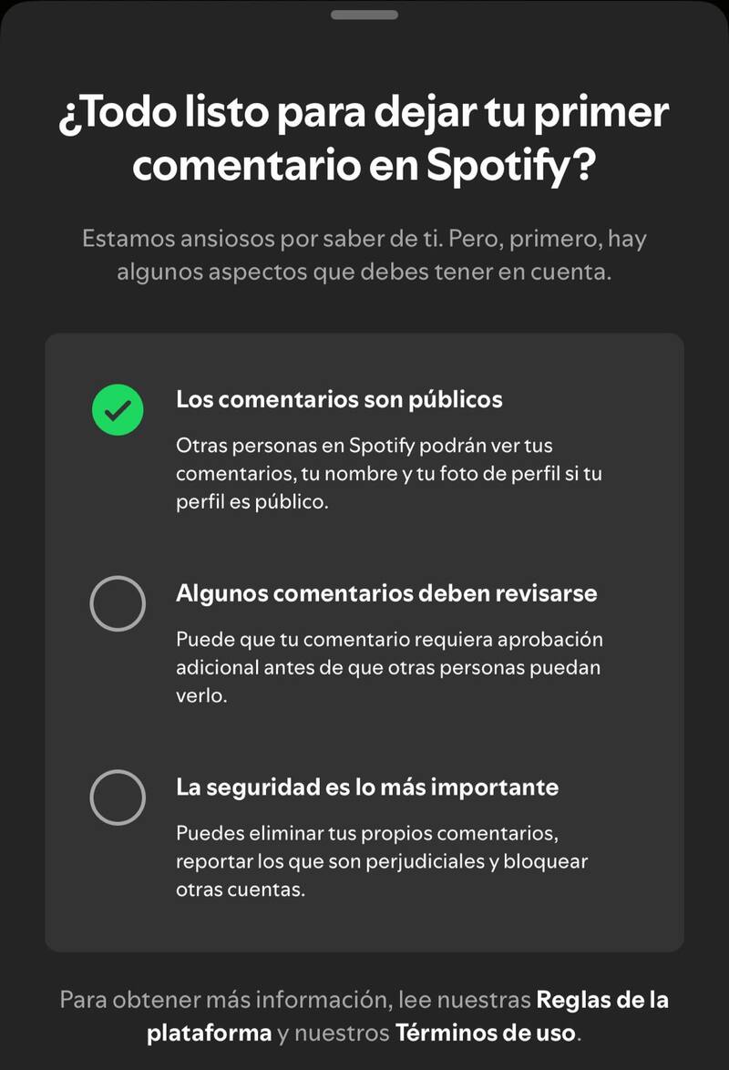 El mensaje que te aparecerá antes de hacer comentarios.