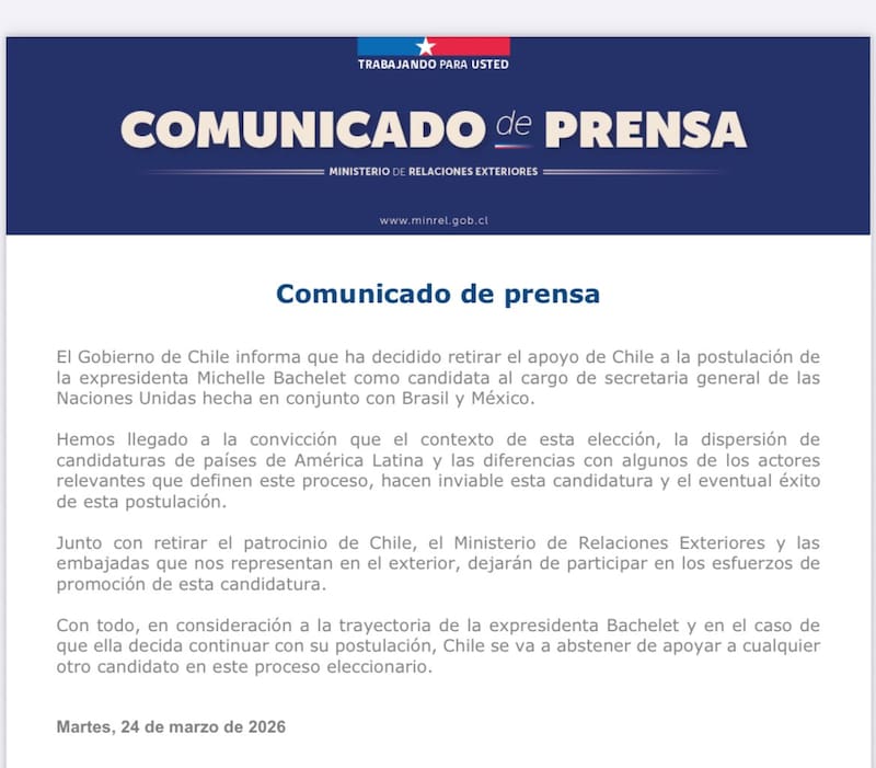 El Gobierno anunció que "Chile se va a abstener de apoyar a cualquier otro candidato en este proceso eleccionario".