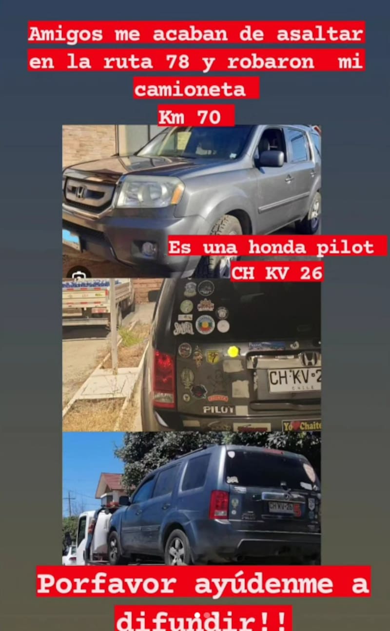 "El Flaco" compartió fotografías de la camioneta que le quitaron este sábado en la Ruta 78.