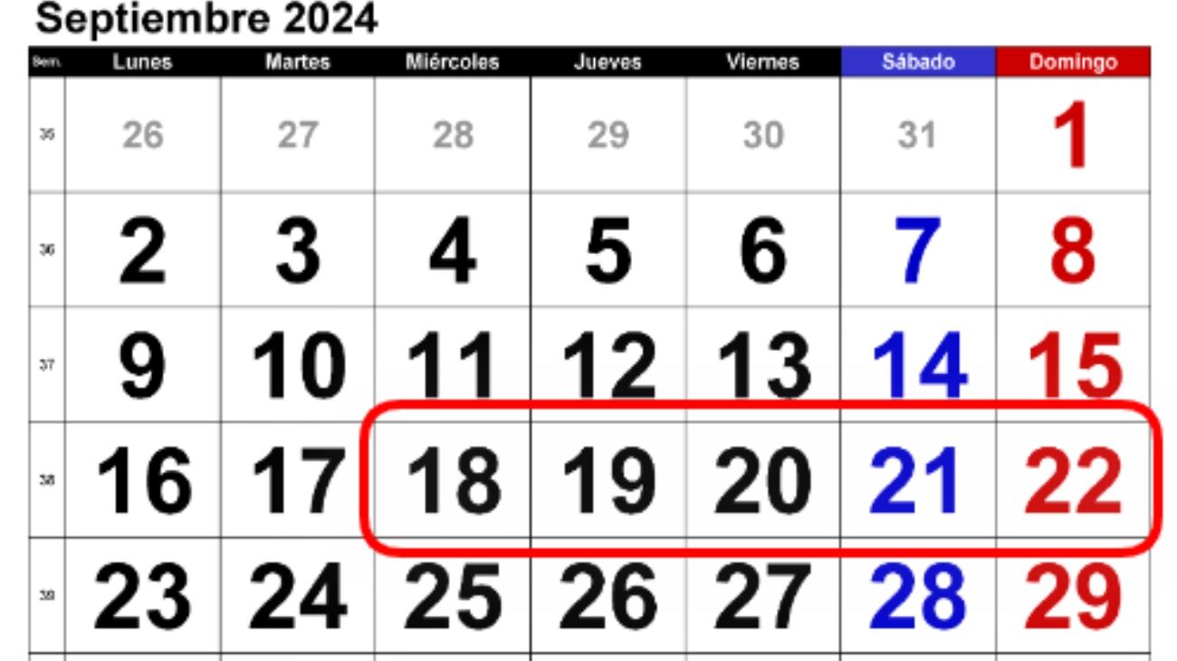 Fiestas Patrias 2024 - Hoja de calendario del mes de septiembre de 2024 con las fiestas patrias de Chile marcadas en rojo.