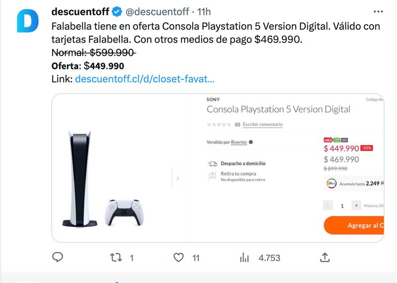 La consola PlayStation 5 con 50% de descuento en Falabella es recomendada en este Cyberday por DescuentOff.