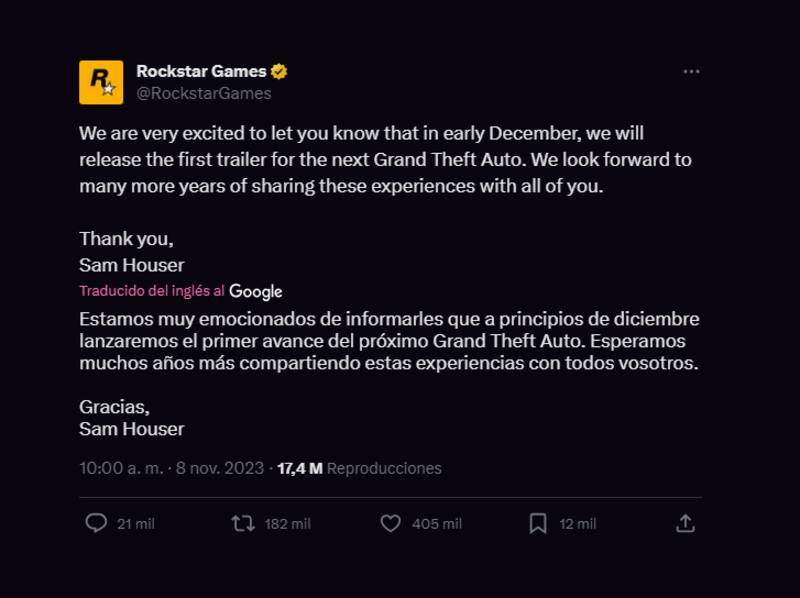 Este es el mensaje con el que confirmaron que tendremos un nuevo tráiler de GTA 6 a fin de año.